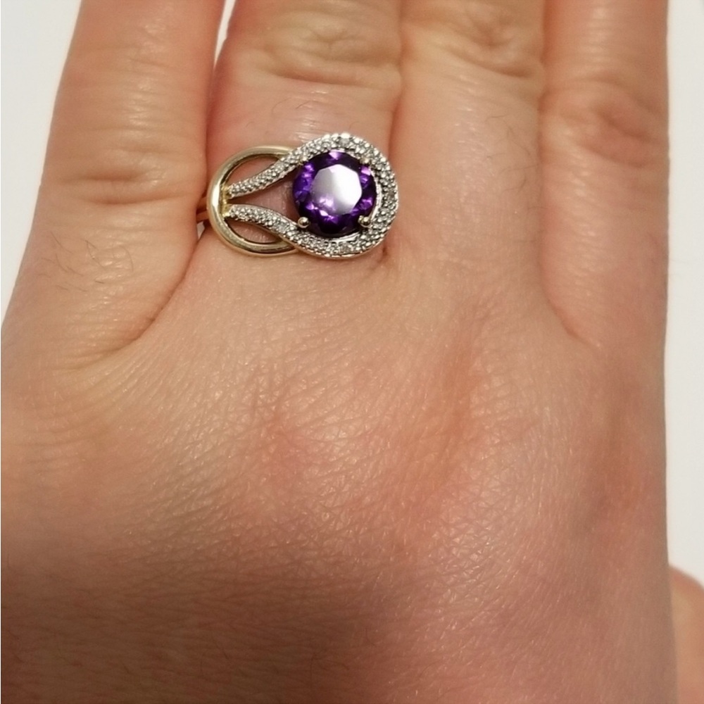 Solid Real 10K Gold Amethyst & Diamonds Ring 10KT